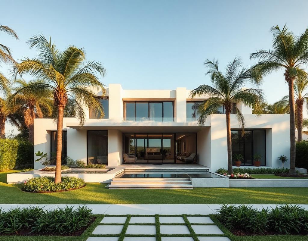 Modern white villa with palm trees in Cantonments